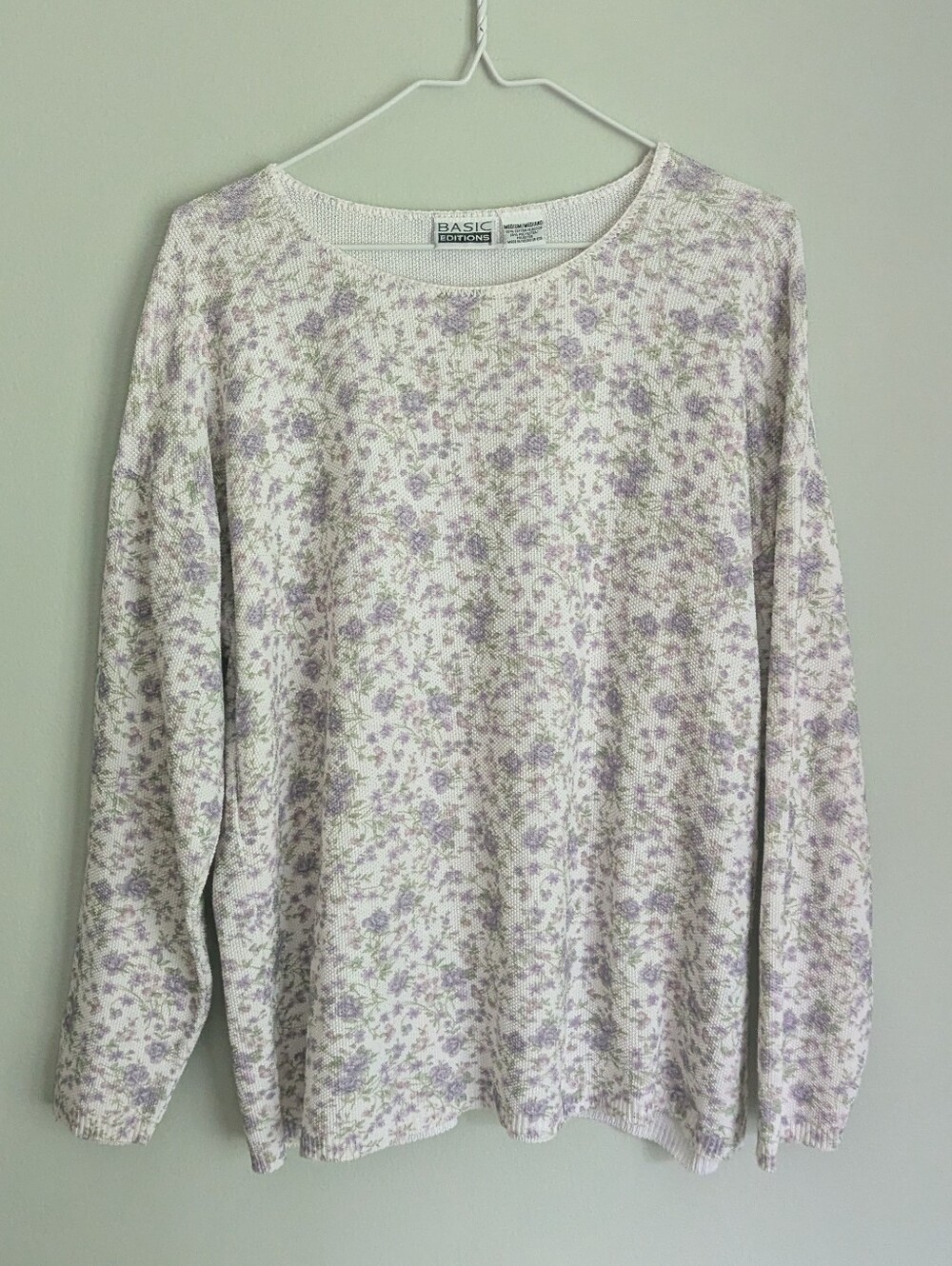 Vintage 90s Basic Editions Medium Thermal Textured Long Sleeve Top Purple Floral